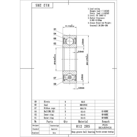 R12-2RS bearing technical drawing showing dimensions and materials for 10 Pack Sealed Chrome Steel Ball Bearings 3/4 X 1-5/8 X 7/16 Inches Heavy Duty.