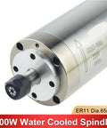 Pro Grade 800 Watt Water Cooled Spindle Motor ER11 Collet 65 mm By 195 mm, showcasing sleek metal design and connection details.