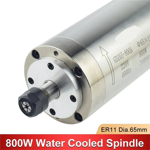 Pro Grade 800 Watt Water Cooled Spindle Motor ER11 Collet 65 mm By 195 mm, showcasing sleek metal design and connection details.