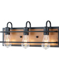 Rustic Three Light Vanity Fixture With Industrial Black Finish And Faux Wood Back Panel showing three Edison bulbs