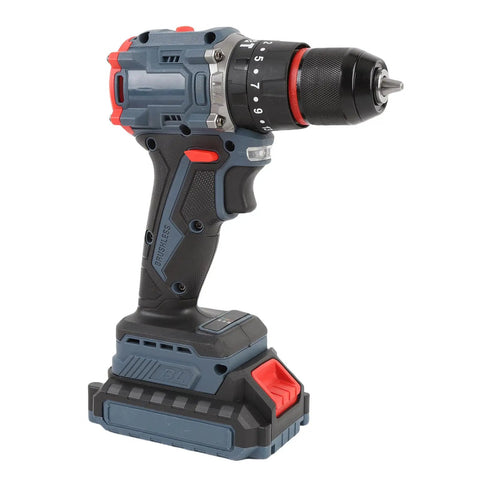 Rock Solid Brushless Cordless Drill With 1500 Rpm And 25 Torque Settings, compact design with LED light and 2000 mAh battery.