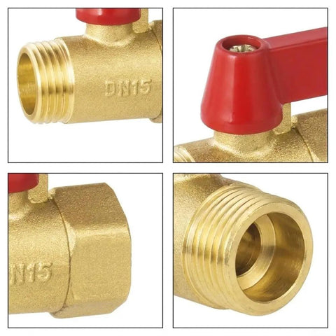 Close-up of Solid Brass 1/2 Inch Full Port Ball Valve For No Sweat Water Control and Heavy Duty Plumbing with Red Handle.
