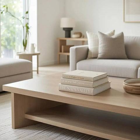Nine Faux Books With Hidden Storage Set on a modern coffee table, neutral decor in living room.
