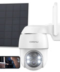 4MP Solar Wireless Security Camera System Kit with 4 Cameras, 360 Degree Pan Tilt, Color Night Vision, attached to solar panel