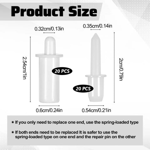 40 Pack Spring Loaded Shutter Repair Pins with Dual Sizes showing product dimensions for proper fit in blinds and cabinet hinges.