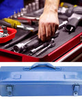 Heavy Duty Iron Tool Chest Organizer With Secure Padlock Clasp And Dual Carry Grips A Truly Badass Workshop Container For Mechanics And DIY Folks Who Want Zero Drama Organization on a workbench with tools.