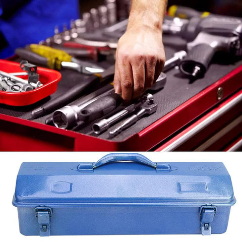 Hand reaching for tools on a workbench with Serious Workhorse Iron Tool Chest With Adjustable Telescoping Handle And Secure Padlock compatible lock.