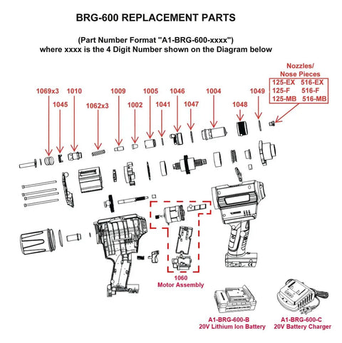 Diagram of BRG-600 replacement parts including motor assembly, nozzles, and tools for repair of Heavy Duty Replacement Tapered End Tip for BRG 600 20V Cordless Blind Rivet Gun