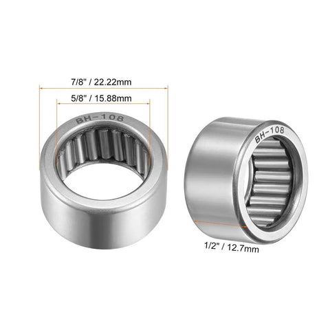 Badass Full Complement Needle Roller Bearing With Drawn Cup Open Design Five Eighths Inch Bore and Seven Eighths Inch Outside Diameter.