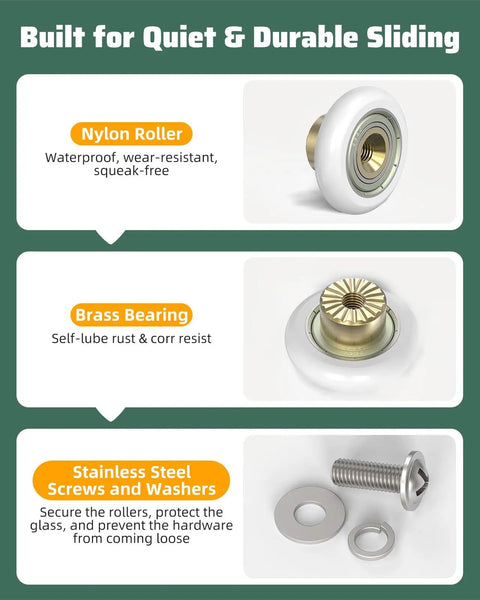 Nylon roller, brass bearing, stainless steel screws for Solid as a Rock Sliding Shower Door Roller Replacement with 19mm Nylon Wheels.