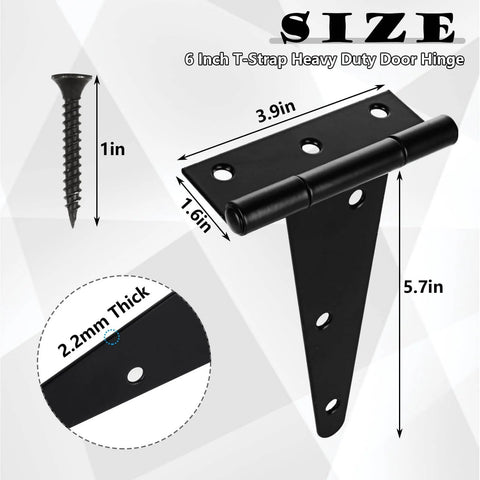 Six Pack 6 Inch T Strap Heavy Duty Gate Hinges For Barn Doors Fences Sheds And Wooden Gates Black Rustproof Tee Hinge Hardware With 36 Screws Ideal For Outdoor Gates Fences Barn Doors Cabinets And Wood Gate Projects showing size dimensions and screw