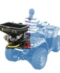 ATV Dry Material Spreader mounted on ATV with Polymer Hopper, showcasing adjustable slide gate and fan blades for precise distribution.