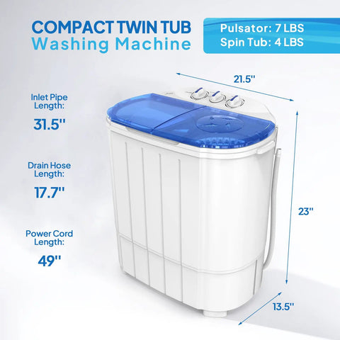 Compact Electric Washer And Dryer Combo Featuring Separate Wash And Spin Bins, No Sweat Gravity Drain, dimensions and features displayed.