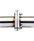 Built Tough Stainless Steel Exhaust Flange Repair Pipe Kit With 2.5 Inch Outside Diameter Three Bolt Configuration and sealed gasket close-up view.