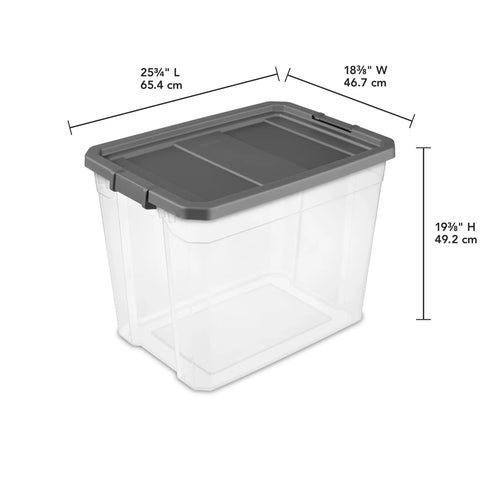 Heck Yeah 2 Pack 108 Quart Stackable Storage Containers With Deep Recessed Latch Lids Clear Plastic Heavy Duty Organizers For The Garage Home And Ultimate Multi Room Setup dimensions displayed with grey lid.