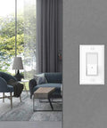Living room with 10 Pack Light Switch With LED Night Light And Auto On Off Sensor, 15 Amp Rocker Single Pole Wall Switch, mounted on wall.