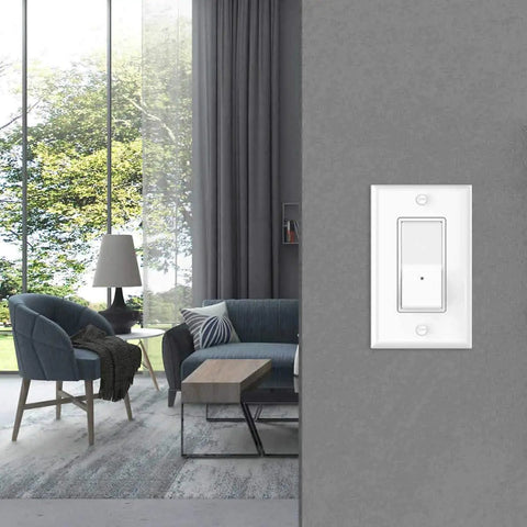 Living room with 10 Pack Light Switch With LED Night Light And Auto On Off Sensor, 15 Amp Rocker Single Pole Wall Switch, mounted on wall.