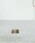 Square Shower Drain Kit In Satin Gold Finish With Marine 316 Stainless Steel Grate And ABS Base Lagos Series Mira Line 4 Inch