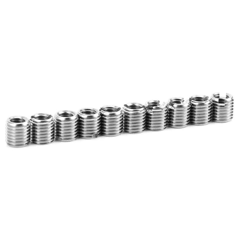 Set of 10 metal threaded sleeve inserts, self-tapping, slotted, for automotive use