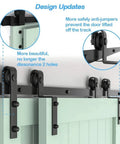Heavy Duty Bypass Barn Door Slides Hardware Kit For Double Doors Featuring Rock Solid Steel J Track With Smooth As Butter Glide Rollers In Classic Black Finish showing design updates with rollers and anti-jump features.