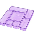 Modular Drawer Organizer Set With 7 Bins In 4 Sizes For Office, Home, Makeup, Kitchen And Junk Drawers, Clear Purple Plastic Storage Trays