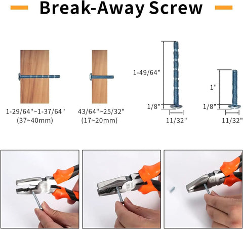 Break-Away Screw sizes and usage instructions with Pliers, showing dimensions and types of screws.