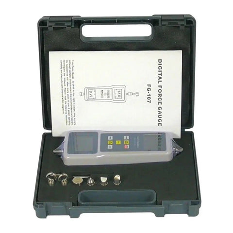 Built Tough Digital Push Pull Force Gauge Meter For Real World Tension Testing With Clear Digital Display Peak Hold Feature And Simple Unit Swaps For Any Project You Gonna Finish Fast And Right in case with accessories and manual.