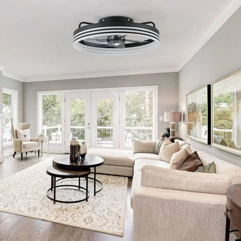 Modern Flush Mount Ceiling Fan With Lights Remote Control Low Profile LED Dimmable Ceiling Fan Light 5 Blades living room view