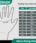 Glove sizing chart showing sizes from XXXS to XXXL with palm width measurements in inches