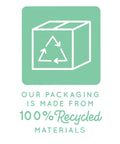 Green icon showing a box symbol and recycling arrows with text "Our packaging is made from 100% recycled materials."