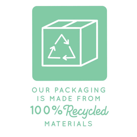 Green icon showing a box symbol and recycling arrows with text "Our packaging is made from 100% recycled materials."