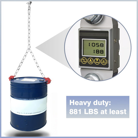 Heavy Duty Porch Swing Hanging Kit With Y Chain And 360 Degree Swivel Hangers 1500 Lb Capacity holding a drum with scale
