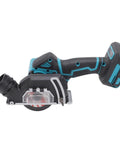 No Nonsense Professional Grade Compact Cordless Mini Circular Saw Featuring 3 Inch Razor Sharp Blade and Integrated Dust Collection Shroud side view with dust cover