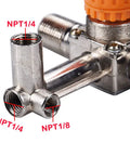 Real Badass Heavy Duty Dual Outlet Air Compressor Manifold NPT Zinc Alloy Splitter Valve showing threaded NPT connections.