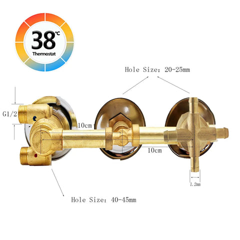 Rock Solid Brass Shower Control Valve Featuring Ceramic Cartridge adjustable temp gauge and hole size details on top view layout.