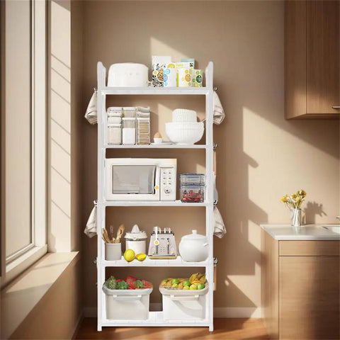 Five Tier Storage Rack For Kitchen And Laundry Room Height Adjustable Microwave Cart Rock Solid Steel Frame with microwave and food items.