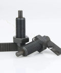 Heavy Duty L Shaped Handle Indexing Plunger With Fine Thread Spring Screw And Lock Nut For Dead On Positioning and Rock Solid Custom Workbench Jigs, close-up view of plunger components.