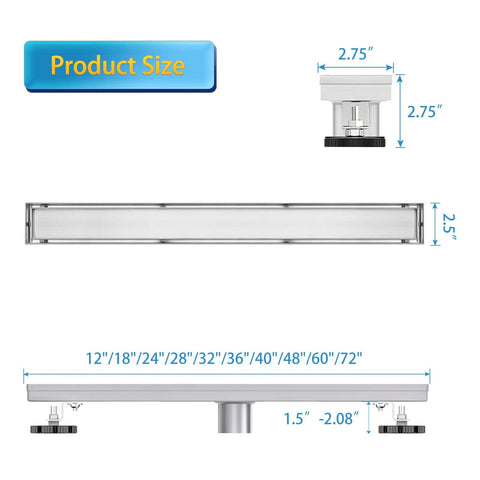 Dimensions of 24 inch Linear Shower Drain With Tile Insert 2 In 1 Panel Brushed 304 Stainless Steel Floor Drain Hair Strainer And Adjustable Feet No Rust Go To Fast Drainage Modern Shower Upgrade Built To Last.