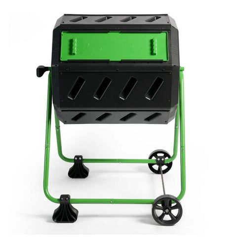 Hotfrog Dual Chamber Tumbling Composter On Wheels For No Fuss Easy Turning 37 Gallon Outdoor Garden Bin in black and green