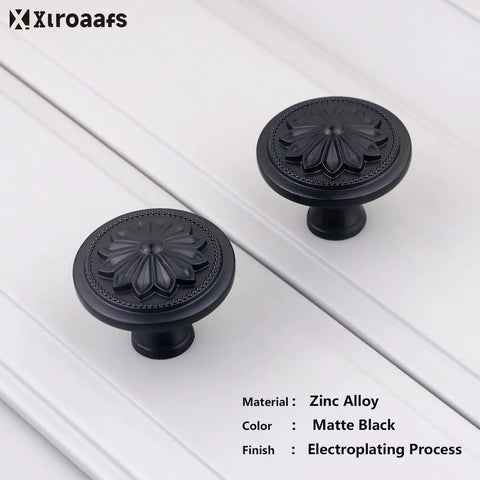 Matte Black Round Cabinet Knobs 10 Pack Zinc Alloy With Floral Design 1.4 Inch Diameter Drawer Knobs Top View