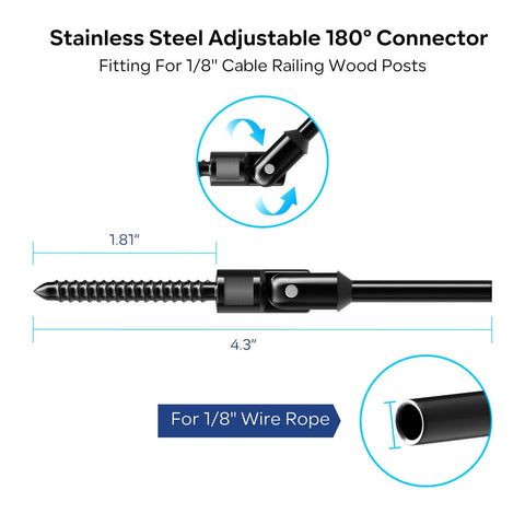 Black Matte Finish Cable Railing Kit And Hardware For Wood Posts With T316 Stainless Steel Marine Grade Fittings Built To Last One Eighth Inch Wire Rope Deck Railing System 180 Degree Adjustable Swage Lag Screws 20 Pack showing adjustable connector fitting