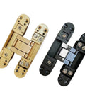 Kick Your Closet Upgrades With This Pair Of 3D Adjustable Hidden Door Hinges Featuring Slick Silver Finish And Heavy Duty Build For No Mess Installation And Butter Smooth Swings: golden and black hinges shown together.