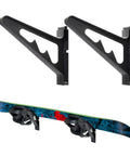 Heavy Duty Premium Adjustable Snowboard And Skateboard Wall Mount Rack For Garage Storage Space Saving Display Hook System with black ABS support and snowboard.