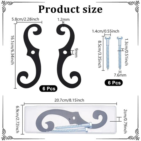 Top Shelf Black Shutter Dog Hardware 6 Pack Features 6.3 Inch Decorative Iron Window Shutter Fasteners For Exterior Restoration Project Quick Hookup Solid Rock Performance Heavy Duty Design product size dimensions with hooks and screws
