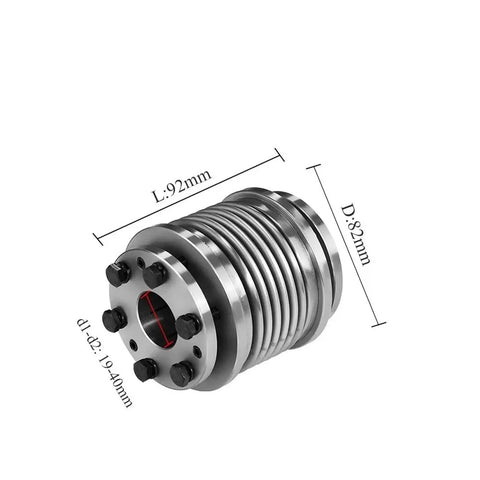 Zero Play Bellows Coupling Flows Smooth With Rock Solid Stainless Steel Flex Sleeve Paired To Aluminum Alloy Hub for CNC use, 92mm length.