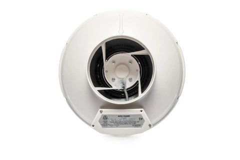 AMG Hawk Radon Fan Inline Mitigation System 6 inch duct fan front view, glass reinforced poly resin waterproof housing.