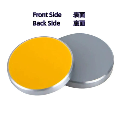 Five Layer Gold CO2 Laser Mirrors With Rock Solid Silicon Base High Reflectivity And Peelproof Electroplating For Desktop And Industrial Engravers Heavy Duty Zero Hassle Top Shelf Quality, showing yellow front and gray back.