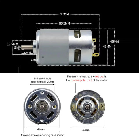 Heavy Duty 775 Dc Vibration Motor Equipped With Dual Ball Bearings And Serious Torque For Diy Swaps Marine Parts And Massage Gear Straightforward Mount That Runs Like A Champ All Day Long dimensions and terminal markings