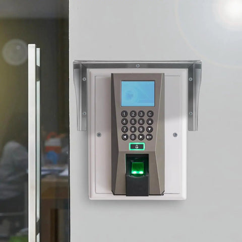 Heavy Duty Stainless Steel Weather Sealed Electrical Box Cover Rainproof Outlet Shell mounted beside a door with a keypad and fingerprint scanner.