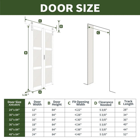 Door size chart for 32 By 84 Inches Sliding Bifold Barn Door With Clear Glass Top Shelf Space Saving Interior Panel For Tight Spaces Bedroom Pantry Laundry Smooth Operator.